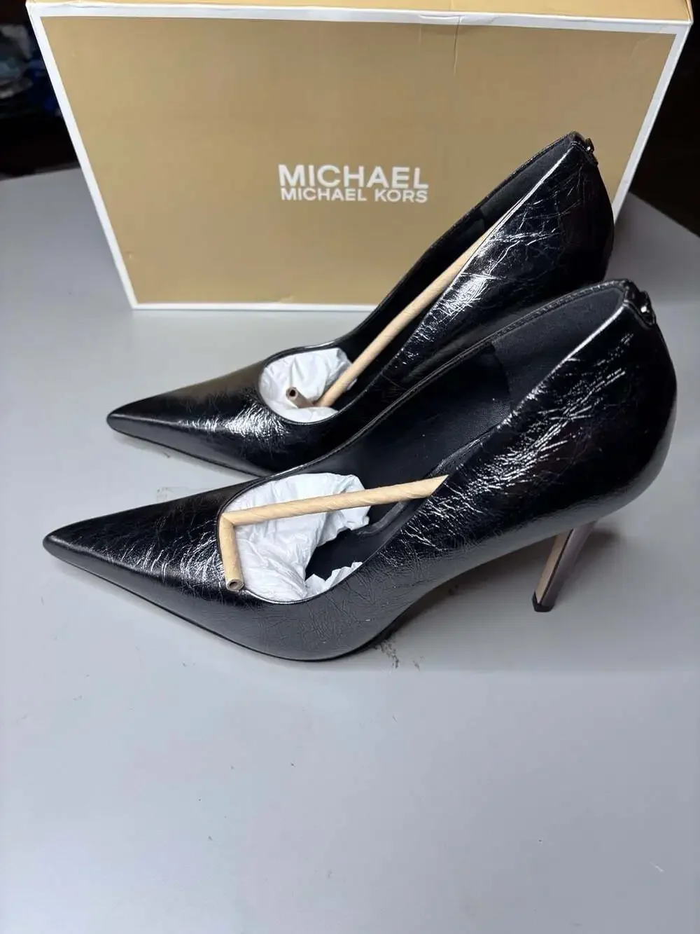 Michael Kors Kasia Black Crackled Leather Pointed Toe Stiletto Pumps